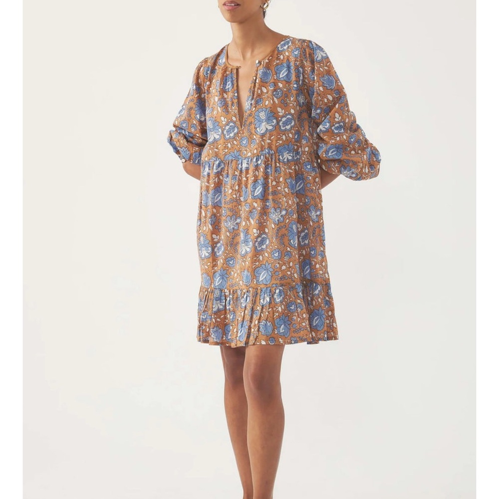 Antik Batik Brown and Blue Floral Mini Dress